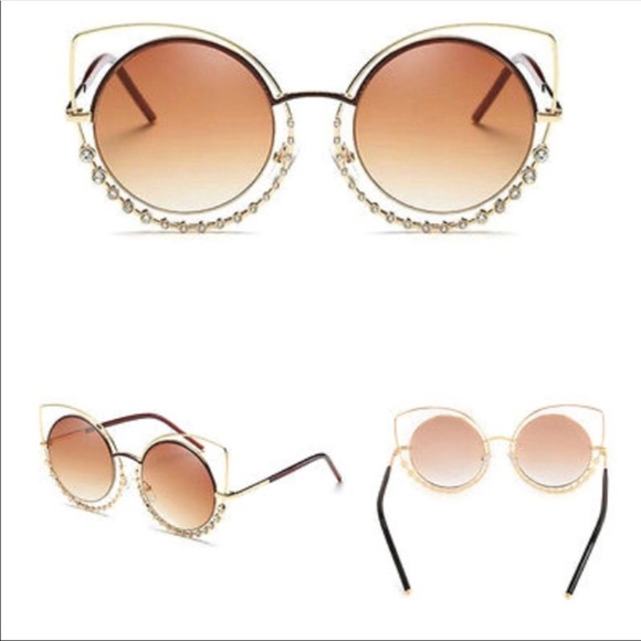 GOLD Rhinestone Geometric point Round Sunglasses - Picture 3 of 8
